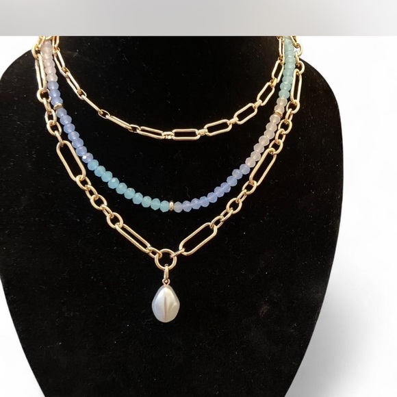 Chic Gold and Blue Beaded Necklace by 0N 34th multi layer all in one. Statement - Picture 2 of 10